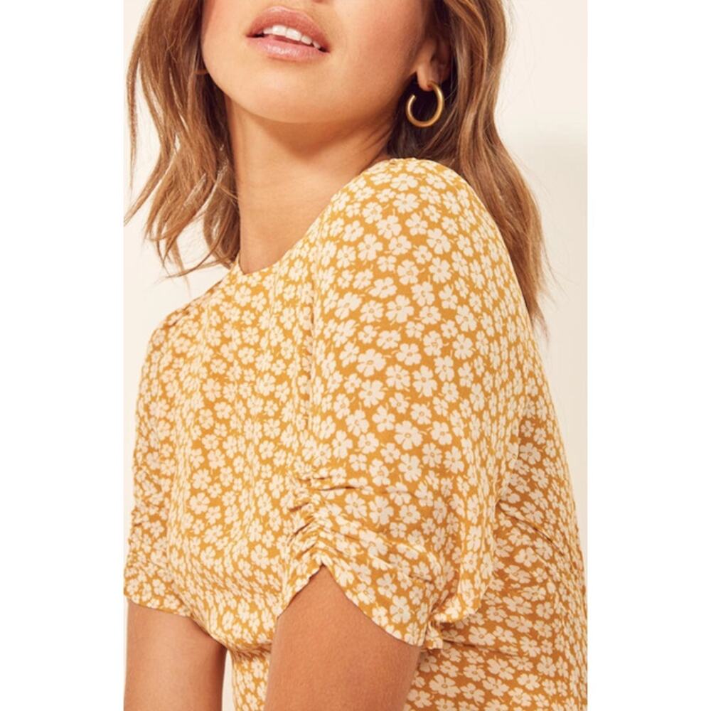 Reformation Gracie Short Sleeve Floral Print Crepe Mini Dress In Peru Yellow 12 - Picture 4 of 8